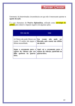 Entretanto, há determinadas circunstâncias em que não é interessante apontar o
agente da ação.
É o que chamamos de Passiva diplomática, utilizada como estratégia de
polidez para reduzir o impacto negativo de algumas ações.
Em vez de Use
A Clínica não pode liberar seu
exame. O senhor não pagou a
última mensalidade.
Seu exame não pode ser
liberado, pois consta um débito
em aberto.
Segue o orçamento para o
reparo da vidraça que seu
filho quebrou na quarta-
feira.
Aqui vai o orçamento para o
reparo da vidraça, quebrada na
quarta-feira.
63
 