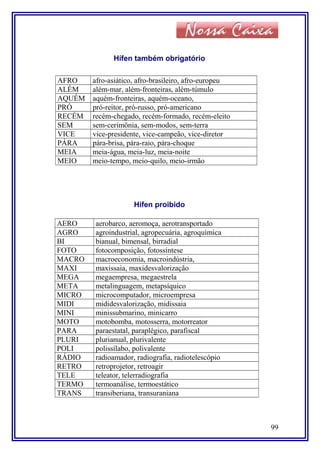 Hífen também obrigatório
AFRO afro-asiático, afro-brasileiro, afro-europeu
ALÉM além-mar, além-fronteiras, além-túmulo
AQUÉM aquém-fronteiras, aquém-oceano,
PRÓ pró-reitor, pró-russo, pró-americano
RECÉM recém-chegado, recém-formado, recém-eleito
SEM sem-cerimônia, sem-modos, sem-terra
VICE vice-presidente, vice-campeão, vice-diretor
PÁRA pára-brisa, pára-raio, pára-choque
MEIA meia-água, meia-luz, meia-noite
MEIO meio-tempo, meio-quilo, meio-irmão
Hífen proibido
AERO aerobarco, aeromoça, aerotransportado
AGRO agroindustrial, agropecuária, agroquímica
BI bianual, bimensal, birradial
FOTO fotocomposição, fotossíntese
MACRO macroeconomia, macroindústria,
MAXI maxissaia, maxidesvalorização
MEGA megaempresa, megaestrela
META metalinguagem, metapsíquico
MICRO microcomputador, microempresa
MIDI mididesvalorização, midissaia
MINI minissubmarino, minicarro
MOTO motobomba, motosserra, motorreator
PARA paraestatal, paraplégico, parafiscal
PLURI plurianual, plurivalente
POLI polissílabo, polivalente
RÁDIO radioamador, radiografia, radiotelescópio
RETRO retroprojetor, retroagir
TELE teleator, telerradiografia
TERMO termoanálise, termoestático
TRANS transiberiana, transuraniana
99
 