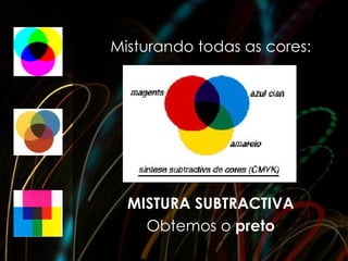 Misturando todas as cores:




  MISTURA SUBTRACTIVA
    Obtemos o preto
 