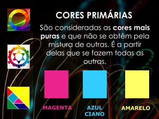 CORES PRIMÁRIAS
São consideradas as cores mais
puras e que não se obtêm pela
  mistura de outras. É a partir
  delas que se fazem todas as
            outras.




MAGENTA      AZUL     AMARELO
            CIANO
 