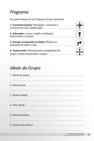 Programa
As quatro etapas de um Pequeno Grupo relacional:

1. Confraternização: Recepção, colocando a
conversa em dia e quebra gelo.

2. Adoração: Louvor, oração, meditação,
testemunhos e estudo.

3. Estudo comparado da Bíblia: Ênfase na
aplicação do texto à vida.

4. Testemunho: Planejamento evangelístico do
grupo, oração intercessória, duplas.




Ideais do Grupo
1. Nome do grupo:



2. Nosso lema:



3. Nossa oração:



4. Hino oficial:



5. Nossa bandeira:



6. Nosso texto bíblico:


                                                    NOSSA HISTÓRIA                  5
                                               SÉRIE DE ESTUDOS TRIMESTRAIS DE PG
 