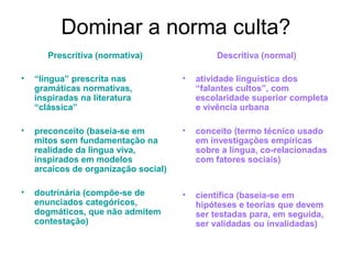Dominar a norma culta?
Prescritiva (normativa)
• “língua” prescrita nas
gramáticas normativas,
inspiradas na literatura
“clássica”
• preconceito (baseia-se em
mitos sem fundamentação na
realidade da língua viva,
inspirados em modelos
arcaicos de organização social)
• doutrinária (compõe-se de
enunciados categóricos,
dogmáticos, que não admitem
contestação)
Descritiva (normal)
• atividade linguística dos
“falantes cultos”, com
escolaridade superior completa
e vivência urbana
• conceito (termo técnico usado
em investigações empíricas
sobre a língua, co-relacionadas
com fatores sociais)
• científica (baseia-se em
hipóteses e teorias que devem
ser testadas para, em seguida,
ser validadas ou invalidadas)
 