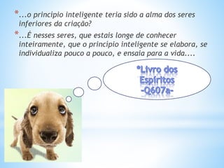 *...o princípio inteligente teria sido a alma dos seres
inferiores da criação?
*...É nesses seres, que estais longe de conhecer
inteiramente, que o princípio inteligente se elabora, se
individualiza pouco a pouco, e ensaia para a vida....
 