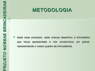 PROJETO NOSSAS BRINCADEIRAS
                                              METODOLOGIA




                                 Após esse processo, cada criança desenhou a brincadeira
                                  que havia apresentado e nós construímos um painel,
                                  representando o nosso quadro de brincadeiras.
 ROJETO
 