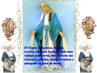 Ó Virgem Milagrosa, Rainha, excelsa, Imacula Senhora, sêde meu refúgio nesta terra, meu consolo nas tristezas e aflições, minha fortaleza e advogada na hora da morte.  