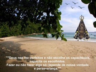 ""Deus nos fez perfeitos e não escolhe os capacitados, capacita os escolhidos. Fazer ou não fazer algo só depende de nossa vontade e perseverança.""