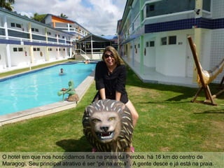O hotel em que nos hospedamos fica na praia da Peroba, há 16 km do centro de
Maragogi. Seu principal atrativo é ser “pé na areia” . A gente desce e já está na praia.
 