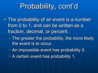 Probability, cont’d The probability of an event is a number from 0 to 1, and can be written as a fraction, decimal, or percent. The greater the probability, the more likely the event is to occur. An impossible event has probability 0. A certain event has probability 1. 