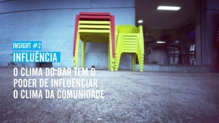 INSIGHT #2
INFLUÊNCIA
O CLIMA DO BAR TEM O
PODER DE INFLUENCIAR
O CLIMA DA COMUNIDADE
 
