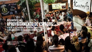 MOVIMENTO #1
APROVEITAMENTO DE ESPAÇOS
A FALTA DE ESTRUTURA NA PERIFERIA TEM LEVADO
A UMA CRESCENTE RESSIGNIFICAÇÃO DE ESPAÇOS.
Philips Ilumina seu Jogo
Sarau da Cooperifa
Nike #mipista
 