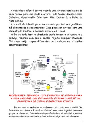 A obesidade infantil ocorre quando uma criança está acima do
peso normal para sua idade e altura. Pode trazer doenças como
Diabetes, Hipertensão, Colesterol Alto, Depressão e Baixa da
Auto Estima.
A obesidade infantil pode ser causada por fatores genéticos,
má alimentação e sedentarismo. Isso pode ser evitado com uma
alimentação saudável e fazendo exercícios físicos.
Além de tudo isso, a obesidade pode trazer a vergonha e o
bullyng, fazendo com que a pessoa rejeite qualquer atividade
física que exija roupas diferentes ou a coloque em situações
constrangedoras.
PROFESSORES: FERNANDA, LUIS E PRISCILA SE ATENTAM PARA
A VIDA SAUDÁVEL DOS ESTUDANTES E CRIAM O ATELIÊ “AS
FRONTEIRAS DE DIETAS E EXERCÍCIOS FÍSICOS
Em entrevista exclusiva, o professor Luis conta que o ateliê “As
Fronteiras de Dietas e Exercícios Físicos” tem como objetivo pesquisar
grupos de alimentos, falar sobre a importância da atividade física, ensinar
a cozinhar alimentos saudáveis e falar sobre os objetivos dos alimentos.
12
 