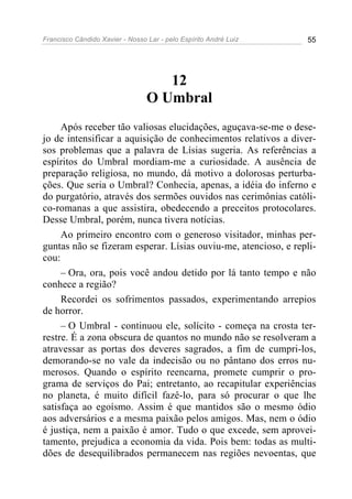 Francisco Cândido Xavier - Nosso Lar - pelo Espírito André Luiz 55
12
O Umbral
Após receber tão valiosas elucidações, aguçava-se-me o dese-
jo de intensificar a aquisição de conhecimentos relativos a diver-
sos problemas que a palavra de Lísias sugeria. As referências a
espíritos do Umbral mordiam-me a curiosidade. A ausência de
preparação religiosa, no mundo, dá motivo a dolorosas perturba-
ções. Que seria o Umbral? Conhecia, apenas, a idéia do inferno e
do purgatório, através dos sermões ouvidos nas cerimônias católi-
co-romanas a que assistira, obedecendo a preceitos protocolares.
Desse Umbral, porém, nunca tivera notícias.
Ao primeiro encontro com o generoso visitador, minhas per-
guntas não se fizeram esperar. Lísias ouviu-me, atencioso, e repli-
cou:
– Ora, ora, pois você andou detido por lá tanto tempo e não
conhece a região?
Recordei os sofrimentos passados, experimentando arrepios
de horror.
– O Umbral - continuou ele, solícito - começa na crosta ter-
restre. É a zona obscura de quantos no mundo não se resolveram a
atravessar as portas dos deveres sagrados, a fim de cumpri-los,
demorando-se no vale da indecisão ou no pântano dos erros nu-
merosos. Quando o espírito reencarna, promete cumprir o pro-
grama de serviços do Pai; entretanto, ao recapitular experiências
no planeta, é muito difícil fazê-lo, para só procurar o que lhe
satisfaça ao egoísmo. Assim é que mantidos são o mesmo ódio
aos adversários e a mesma paixão pelos amigos. Mas, nem o ódio
é justiça, nem a paixão é amor. Tudo o que excede, sem aprovei-
tamento, prejudica a economia da vida. Pois bem: todas as multi-
dões de desequilibrados permanecem nas regiões nevoentas, que
 