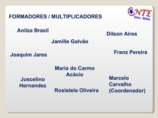 Anilza Brasil FORMADORES / MULTIPLICADORES Jamille Galvão Dilson Aires Joaquim Jares Maria do Carmo Acácio Franz Pereira Marcelo Carvalho (Coordenador) Rosistela Oliveira Juscelino Hernandez 