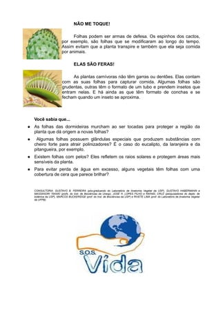 NÃO ME TOQUE!

                               Folhas podem ser armas de defesa. Os espinhos dos cactos,
                         por exemplo, são folhas que se modificaram ao longo do tempo.
                         Assim evitam que a planta transpire e também que ela seja comida
                         por animais.

                                  ELAS SÃO FERAS!

                              As plantas carnívoras não têm garras ou dentões. Elas contam
                         com as suas folhas para capturar comida. Algumas folhas são
                         grudentas, outras têm o formato de um tubo e prendem insetos que
                         entram nelas. E há ainda as que têm formato de conchas e se
                         fecham quando um inseto se aproxima.



    Você sabia que...
   As folhas das dormideiras murcham ao ser tocadas para proteger a região da
    planta que dá origem a novas folhas?
    Algumas folhas possuem glândulas especiais que produzem substâncias com
    cheiro forte para atrair polinizadores? É o caso do eucalipto, da laranjeira e da
    pitangueira, por exemplo.
   Existem folhas com pelos? Eles refletem os raios solares e protegem áreas mais
    sensíveis da planta.
   Para evitar perda de água em excesso, alguns vegetais têm folhas com uma
    cobertura de cera que parece brilhar?


    CONSULTORIA: GUSTAVO B. FERREIRA (pós-graduando do Laboratório de Anatomia Vegetal da USP), GUSTAVO HABERMANN e
    MASSANORI TAKAKI (profs. do Inst. de Biociências da Unesp), JOSÉ H. LOPES FILHO e RAFAEL CRUZ (pesquisadores do depto. de
    botânica da USP), MARCOS BUCKERIDGE (prof. do Inst. de Biociências da USP) e RIVETE LIMA (prof. do Laboratório de Anatomia Vegetal
    da UFPB).
 