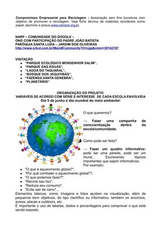 Compromisso Empresarial para Reciclagem - Associação sem fins lucrativos com
objetivo de promover a reciclagem. Veja ficha técnica de materiais recicláveis como
papel, alumínio e pneus.www.cempre.org.br


NARP – COMUNIDADE DO GOOGLE –
ONG COM PARTICIPAÇÃO DO PADRE JOÃO BATISTA
PARÓQUIA SANTA LUZIA – JARDIM DOS OLIVEIRAS
http://www.orkut.com.br/Main#Community?rl=cpp&cmm=39142107


VISITAÇÃO
   ● “PARQUE ECOLÓGICO MONSENHOR SALIM”,
   ● “PARQUE DAS ÁGUAS”,
   ● “LAGOA DO TAQUARAL”,
   ● “BOSQUE DOS JEQUITIBÁS”,
   ● “FAZENDA SANTA GENEBRA”,
   ● “PLANETÁRIO”



                     ORGANIZAÇÃO DO PROJETO
VARIÁVEIS DE ACORDO COM SÉRIE E INTERESSE DE CADA ESCOLA ENVOLVIDA
                Dia 5 de junho é dia mundial do meio ambiente!


                                           O que queremos?

                                           →    Fazer   uma campanha            de
                                           conscientização    dentro            da
                                           escola/comunidade.


                                           Como pode ser feita?

                                           → Fazer um quadro informativo:
                                           pode ser uma parede, pode ser um
                                           mural...     Escrevendo         tópicos
                                           importantes que sejam informativos.
                                           Por exemplo:
     "O que é aquecimento global?",
    "Por quê combater o aquecimento global"?,
    "O que podemos fazer?",
    "Recicle seu lixo",
    "Reduza seu consumo",
    "Evite sair de carro"...
Elementos básicos, como: Imagens e fotos ajudam na visualização, além de
pequenos bem objetivos, do tipo científico ou informativo, também os anúncios,
avisos, placas e outdoors, etc.
É importante o uso de tabelas, dados e porcentagens para comprovar o que está
sendo exposto.
 