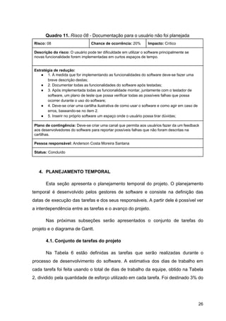 Quadro 11.​ ​Risco 08 -​ Documentação para o usuário não foi planejada
Risco:​ 08 Chance de ocorrência:​ 20% Impacto:​ Crítico
Descrição do risco:​ O usuário pode ter dificuldade em utilizar o software principalmente se
novas funcionalidade forem implementadas em curtos espaços de tempo.
Estratégia de redução:
● 1. À medida que for implementando as funcionalidades do software deve-se fazer uma
breve descrição destas;
● 2. Documentar todas as funcionalidades do software após testadas;
● 3. Após implementada todas as funcionalidade montar, juntamente com o testador de
software, um plano de teste que possa verificar todas as possíveis falhas que possa
ocorrer durante o uso do software;
● 4. Deve-se criar uma cartilha ilustrativa de como usar o software e como agir em caso de
erros, baseando-se no item 2.
● 5. Inserir no próprio software um espaço onde o usuário possa tirar dúvidas;
Plano de contingência: ​Deve-se criar uma canal que permita aos usuários fazer da um feedback
aos desenvolvedores do software para reportar possíveis falhas que não foram descritas na
cartilhas.
Pessoa responsável: ​Anderson Costa Moreira Santana
Status:​ Concluído
4. PLANEJAMENTO TEMPORAL
Esta seção apresenta o planejamento temporal do projeto. O planejamento
temporal é desenvolvido pelos gestores de software e consiste na definição das
datas de execução das tarefas e dos seus responsáveis. A partir dele é possível ver
a interdependência entre as tarefas e o avanço do projeto.
Nas próximas subseções serão apresentados o conjunto de tarefas do
projeto e o diagrama de Gantt.
4.1. Conjunto de tarefas do projeto
Na Tabela 6 estão definidas as tarefas que serão realizadas durante o
processo de desenvolvimento do software. A estimativa dos dias de trabalho em
cada tarefa foi feita usando o total de dias de trabalho da equipe, obtido na Tabela
2, dividido pela quantidade de esforço utilizado em cada tarefa. Foi destinado 3% do
26
 