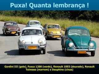 Puxa! Quanta lembrança ! Gordini III (gelo), Fusca 1200 (verde), Renault 1093 (dourado), Renault Teimoso (marrom) e Dauphine (cinza) 