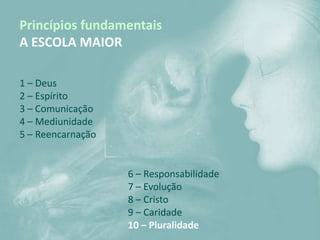 Princípios fundamentais
A ESCOLA MAIOR

1 – Deus
2 – Espírito
3 – Comunicação
4 – Mediunidade
5 – Reencarnação


                   6 – Responsabilidade
                   7 – Evolução
                   8 – Cristo
                   9 – Caridade
                   10 – Pluralidade
 