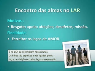 Encontro das almas no LAR
Motivos :
• Resgate; apoio; afeições; desafetos; missão.
Finalidade:
• Estreitar os laços de AMOR.

É no LAR que se iniciam nossas lutas.
Os filhos são espíritos a nós ligados pelos
laços de afeição ou pelos laços da reparação.
 