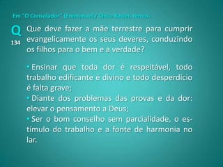 Em “O Consolador” (Emmanuel / Chico Xavier, temos:

Q     Que deve fazer a mãe terrestre para cumprir
      evangelicamente os seus deveres, conduzindo
134
      os filhos para o bem e a verdade?

      • Ensinar que toda dor é respeitável, todo
      trabalho edificante é divino e todo desperdício
      é falta grave;
      • Diante dos problemas das provas e da dor:
      elevar o pensamento a Deus;
      • Ser o bom conselho sem parcialidade, o es-
      tímulo do trabalho e a fonte de harmonia no
      lar.
 