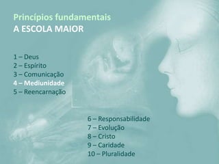 Princípios fundamentais
A ESCOLA MAIOR

1 – Deus
2 – Espírito
3 – Comunicação
4 – Mediunidade
5 – Reencarnação


                   6 – Responsabilidade
                   7 – Evolução
                   8 – Cristo
                   9 – Caridade
                   10 – Pluralidade
 