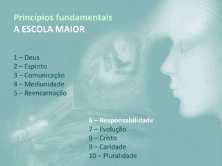 Princípios fundamentais
A ESCOLA MAIOR

1 – Deus
2 – Espírito
3 – Comunicação
4 – Mediunidade
5 – Reencarnação


                   6 – Responsabilidade
                   7 – Evolução
                   8 – Cristo
                   9 – Caridade
                   10 – Pluralidade
 