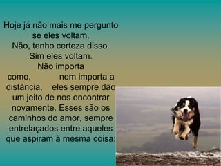 Hoje já não mais me pergunto
se eles voltam.
Não, tenho certeza disso.
Sim eles voltam.
Não importa
como,
nem importa a
distância, eles sempre dão
um jeito de nos encontrar
novamente. Esses são os
caminhos do amor, sempre
entrelaçados entre aqueles
que aspiram à mesma coisa:

 