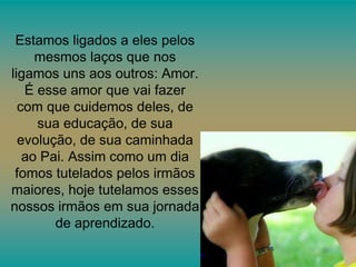 Estamos ligados a eles pelos
mesmos laços que nos
ligamos uns aos outros: Amor.
É esse amor que vai fazer
com que cuidemos deles, de
sua educação, de sua
evolução, de sua caminhada
ao Pai. Assim como um dia
fomos tutelados pelos irmãos
maiores, hoje tutelamos esses
nossos irmãos em sua jornada
de aprendizado.

 