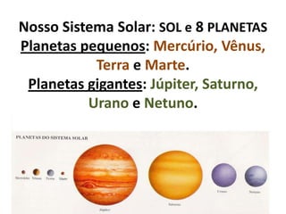 Nosso Sistema Solar: SOL e 8PLANETASPlanetas pequenos: Mercúrio, Vênus, Terra e Marte.Planetas gigantes: Júpiter, Saturno, Urano e Netuno.