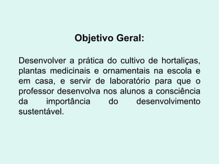 Objetivo Geral: Desenvolver a prática do cultivo de hortaliças, plantas medicinais e ornamentais na escola e em casa, e servir de laboratório para que o professor desenvolva nos alunos a consciência da importância do desenvolvimento sustentável. 