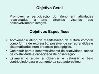 Objetivo Geral Promover a participação do aluno em atividades relacionadas à arte circense visando seu desenvolvimento integral. Objetivos Específicos Aproximar o aluno da manifestação da cultura corporal como forma de expressão, possível de ser aprendidas e sistematizadas num processo pedagógico. Contribuir para o desenvolvimento da criatividade, senso de coletividade e capacidade de observação. Estimular o aluno a observar e valorizar o belo contribuindo para o aumento da sua auto-estima. 