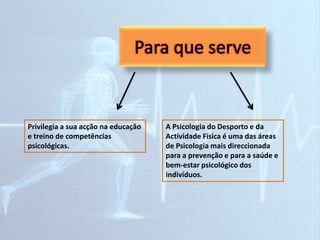 Privilegia a sua acção na educação
e treino de competências
psicológicas.
A Psicologia do Desporto e da
Actividade Física é uma das áreas
de Psicologia mais direccionada
para a prevenção e para a saúde e
bem-estar psicológico dos
indivíduos.
 