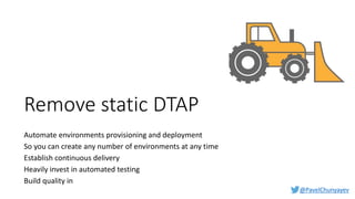 @PavelChunyayev
Remove static DTAP
Automate environments provisioning and deployment
So you can create any number of environments at any time
Establish continuous delivery
Heavily invest in automated testing
Build quality in
 