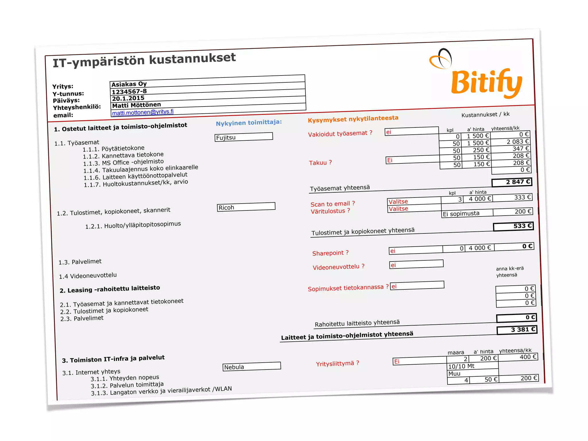Y-tunnus: 1234567-8
email: matti.mottonen@yritys.fi
1. Ostetut laitteet ja toimisto-ohjelmistot Nykyinen toimittaja: Kysymykset nykytilanteesta Kustannukset / kk
1.1. Työasemat
Fujitsu
Vakioidut työasemat ? ei kpl a' hinta yhteensä/kk
1.1.1. Pöytätietokone
0 1 500 € 0 €
1.1.2. Kannettava tietokone
50 1 500 € 2 083 €
1.1.3. MS Office -ohjelmisto
50 250 € 347 €
1.1.4. Takuulaajennus koko elinkaarelle
Takuu ? Ei 50 150 € 208 €
1.1.6. Laitteen käyttöönottopalvelut
50 150 € 208 €
1.1.7. Huoltokustannukset/kk, arvio
0 €
Työasemat yhteensä
2 847 €
kpl a' hinta
1.2. Tulostimet, kopiokoneet, skannerit Ricoh
Scan to email ? Valitse 3 4 000 € 333 €
Väritulostus ? Valitse
1.2.1. Huolto/ylläpitopitosopimus
200 €
Tulostimet ja kopiokoneet yhteensä
533 €
1.3. Palvelimet
Sharepoint ? ei 0 4 000 € 0 €
1.4 Videoneuvottelu
Videoneuvottelu ? ei
anna kk-erä
2. Leasing -rahoitettu laitteisto
yhteensä
Sopimukset tietokannassa ? ei
2.1. Työasemat ja kannettavat tietokoneet
0 €
2.2. Tulostimet ja kopiokoneet
0 €
2.3. Palvelimet
0 €
Rahoitettu laitteisto yhteensä
0 €
Laitteet ja toimisto-ohjelmistot yhteensä
3 381 €
3. Toimiston IT-infra ja palvelut
määrä a' hinta yhteensä/kk
3.1. Internet yhteys
Nebula Yritysliittymä ? Ei 2 200 € 400 €
3.1.1. Yhteyden nopeus
3.1.2. Palvelun toimittaja
3.1.3. Langaton verkko ja vierailijaverkot /WLAN
4 50 € 200 €
3.2. Sähköposti
Sonera
määrä a' hinta yhteensä/kk
1.1.1. Sähköpostitilien lukumäärä
50 8 € 375 €
1.1.2. Yhteiset kalenterit
Yhteiset kalenterit ? Valitse
3.3. Mobiilit sähköpostit
Matkapuhelimien synkronointi ? Valitse 0 €
Toteutus
Muu
10/10 Mt
Ei sopimusta
IT-ympäristön kustannukset
Yritys:
Päiväys:
Yhteyshenkilö:
Asiakas Oy
20.1.2015
Matti Möttönen
 