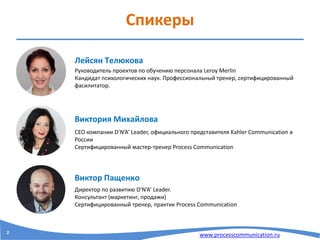 www.processcommunication.ru
Спикеры
2
CEO компании D’N’A’ Leader, официального представителя Kahler Communication в
России
Сертифицированный мастер-тренер Process Communication
Директор по развитию D’N’A’ Leader.
Консультант (маркетинг, продажи)
Сертифицированный тренер, практик Process Communication
Руководитель проектов по обучению персонала Leroy Merlin
Кандидат психологических наук. Профессиональный тренер, сертифицированный
фасилитатор.
Виктор Пащенко
Виктория Михайлова
Лейсян Телюкова
 