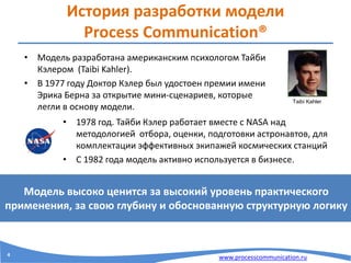 www.processcommunication.ru
История разработки модели
Process Communication®
• Модель разработана американским психологом Тайби
Кэлером (Taibi Kahler).
• В 1977 году Доктор Кэлер был удостоен премии имени
Эрика Берна за открытие мини-сценариев, которые
легли в основу модели.
Taibi Kahler
• 1978 год. Тайби Кэлер работает вместе с NASA над
методологией отбора, оценки, подготовки астронавтов, для
комплектации эффективных экипажей космических станций
• С 1982 года модель активно используется в бизнесе.
Модель высоко ценится за высокий уровень практического
применения, за свою глубину и обоснованную структурную логику
4
 