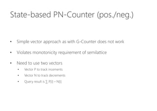 State-based PN-Counter (pos./neg.)


•  Simple vector approach as with G-Counter does not work
•  Violates monotonicity requirement of semilattice
•  Need to use two vectors
•  Vector P to track incements
•  Vector N to track decrements
•  Query result is ∑i P[i] – N[i]
 