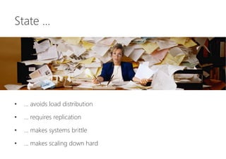 State …





•  … avoids load distribution
•  … requires replication
•  … makes systems brittle
•  … makes scaling down hard
 
