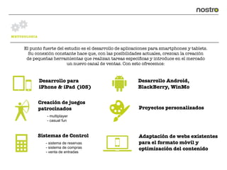METODOLOGIA


     El punto fuerte del estudio es el desarrollo de aplicaciones para smartphones y tablets.
       Su conexión constante hace que, con las posibilidades actuales, crezcan la creación
      de pequeñas herramientas que realizan tareas especíﬁcas y introduce en el mercado
                          un nuevo canal de ventas. Con esto ofrecemos:


              Desarrollo para                              Desarrollo Android,
              iPhone & iPad (iOS)                          BlackBerry, WinMo


              Creación de juegos
              patrocinados                                  Proyectos personalizados
                 - multiplayer
                 - casual fun



              Sistemas de Control                           Adaptación de webs existentes
                - sistema de reservas                       para el formato móvil y
                - sistema de compras                        optimización del contenido
                - venta de entradas
 