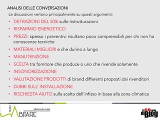 18/06/15	
   Nome	
  del	
  relatore	
  
ANALISI DELLE CONVERSAZIONI
Le discussioni vertono principalmente su questi argomenti:
•  DETRAZIONI DEL 50% sulle ristrutturazioni
•  RISPARMIO ENERGETICO
•  PREZZI: spesso i preventivi risultano poco comprensibili per chi non ha
conoscenze tecniche
•  MATERIALI MIGLIORI e che durino a lungo
•  MANUTENZIONE
•  SCELTA tra fornitore che produce o uno che rivende solamente
•  INSONORIZZAZIONE
•  VALUTAZIONE PRODOTTI di brand differenti proposti dai rivenditori
•  DUBBI SULL’ INSTALLAZIONE
•  RISCHIESTA AIUTO sulla scelta dell’infisso in base alla zona climatica
 