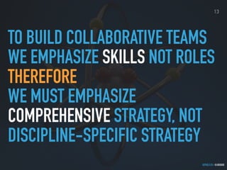 GOTHELF.CO / @JBOOGIE
TO BUILD COLLABORATIVE TEAMS
WE EMPHASIZE SKILLS NOT ROLES
THEREFORE
WE MUST EMPHASIZE
COMPREHENSIVE STRATEGY, NOT
DISCIPLINE-SPECIFIC STRATEGY
13
 