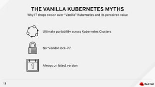 THE VANILLA KUBERNETES MYTHS
13
Why IT shops swoon over “Vanilla” Kubernetes and its perceived value
No “vendor lock-in”
Ultimate portability across Kubernetes Clusters
Always on latest version
 