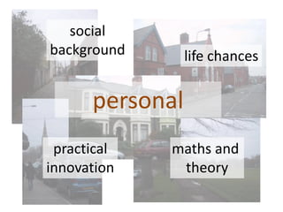 personal
social
background
maths and
theory
life chances
practical
innovation
 