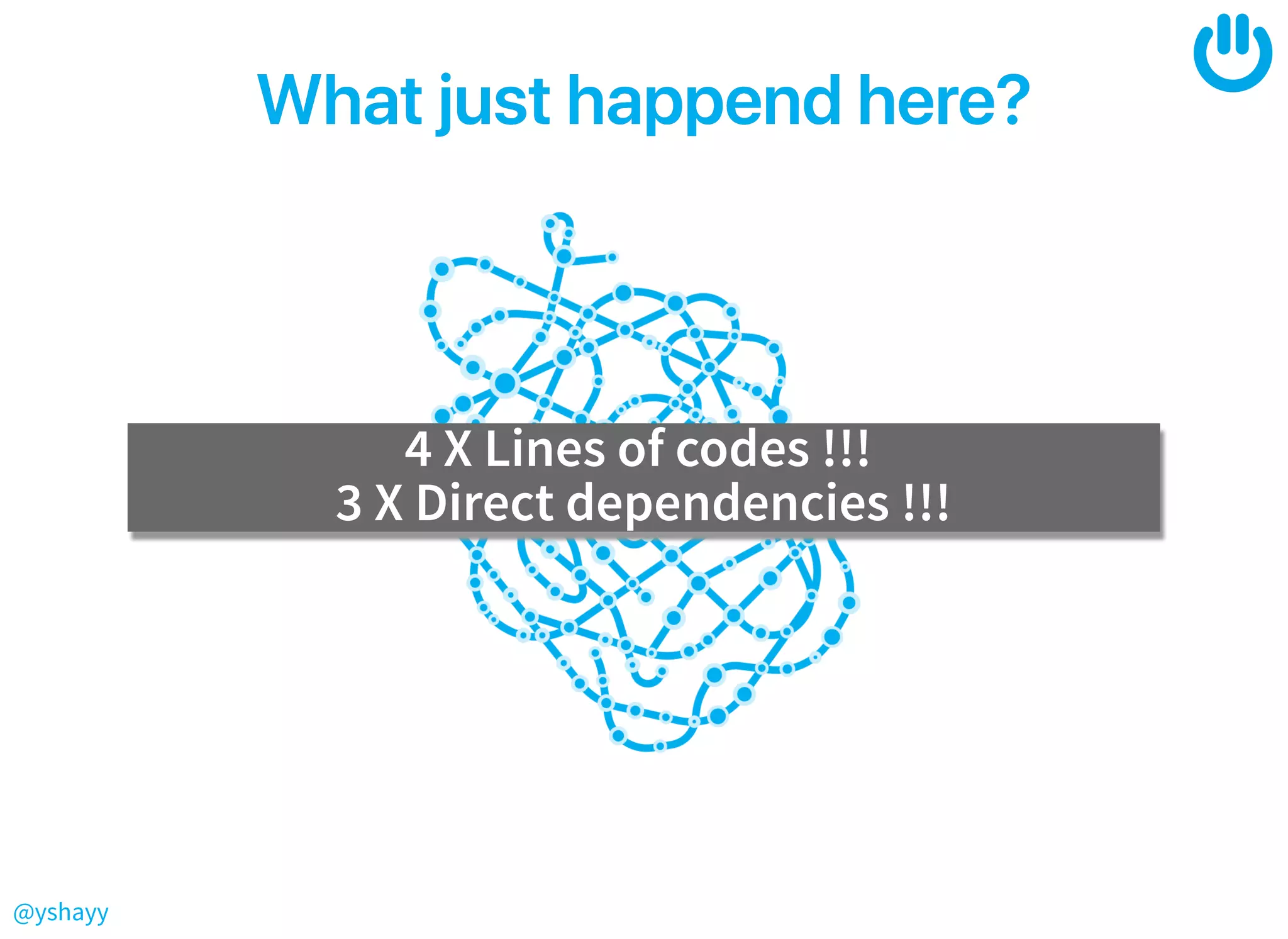 @yshayy
Whatjusthappendhere?Whatjusthappendhere?
4 X Lines of codes !!!
3 X Direct dependencies !!!
 