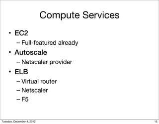 Compute Services
     • EC2
           – Full-featured already
     • Autoscale
           – Netscaler provider
     • ELB...
