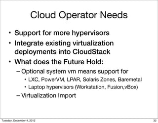 Cloud Operator Needs
     • Support for more hypervisors
     • Integrate existing virtualization
       deployments into ...