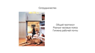 Сотрудничество
Общий протокол
Разные часовые пояса
Гигиена рабочей почты
 