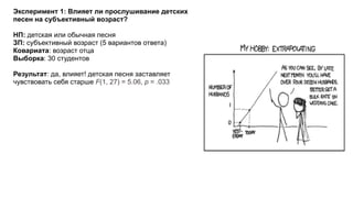 Эксперимент 1: Влияет ли прослушивание детских
песен на субъективный возраст?
НП: детская или обычная песня
ЗП: субъективный возраст (5 вариантов ответа)
Ковариата: возраст отца
Выборка: 30 cтудентов
Результат: да, влияет! детская песня заставляет
чувствовать себя старше F(1, 27) = 5.06, p = .033
 