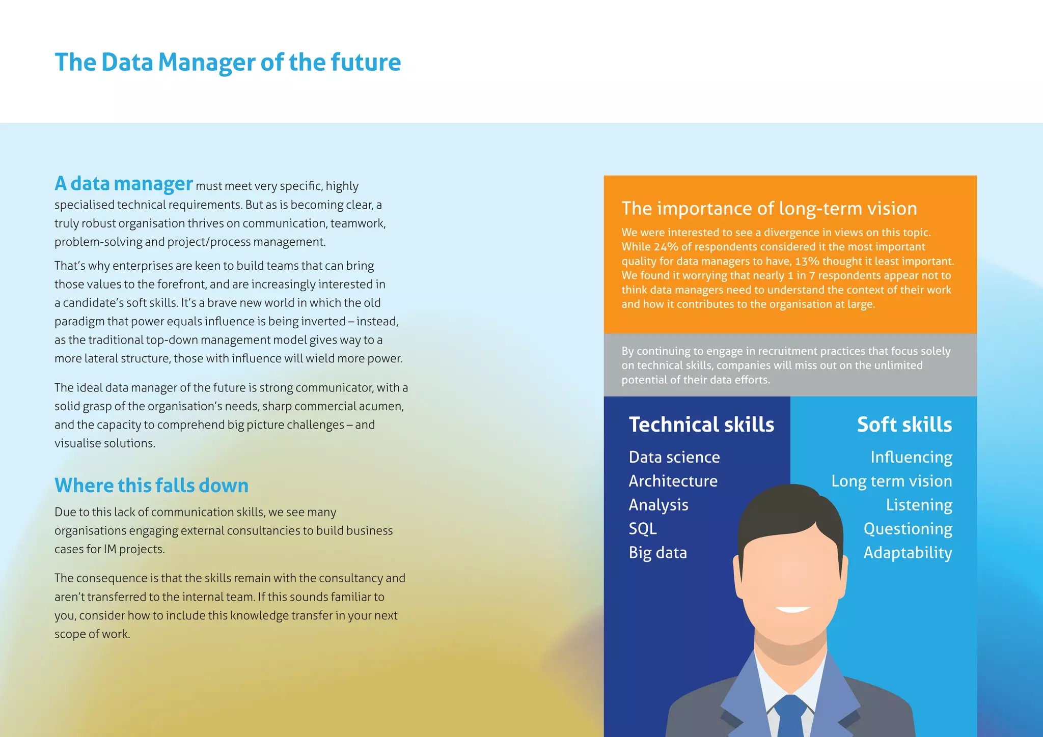 The Data Manager of the future
A data managermust meet very specific, highly
specialised technical requirements. But as is becoming clear, a
truly robust organisation thrives on communication, teamwork,
problem-solving and project/process management.
That’s why enterprises are keen to build teams that can bring
those values to the forefront, and are increasingly interested in
a candidate’s soft skills. It’s a brave new world in which the old
paradigm that power equals influence is being inverted – instead,
as the traditional top-down management model gives way to a
more lateral structure, those with influence will wield more power.
The ideal data manager of the future is strong communicator, with a
solid grasp of the organisation’s needs, sharp commercial acumen,
and the capacity to comprehend big picture challenges – and
visualise solutions.
Where this falls down
Due to this lack of communication skills, we see many
organisations engaging external consultancies to build business
cases for IM projects.
The consequence is that the skills remain with the consultancy and
aren’t transferred to the internal team. If this sounds familiar to
you, consider how to include this knowledge transfer in your next
scope of work.
The importance of long-term vision
We were interested to see a divergence in views on this topic.
While 24% of respondents considered it the most important
quality for data managers to have, 13% thought it least important.
We found it worrying that nearly 1 in 7 respondents appear not to
think data managers need to understand the context of their work
and how it contributes to the organisation at large.
By continuing to engage in recruitment practices that focus solely
on technical skills, companies will miss out on the unlimited
potential of their data efforts.
Technical skills
Data science
Architecture
Analysis
SQL
Big data
Soft skills
Influencing
Long term vision
Listening
Questioning
Adaptability
 