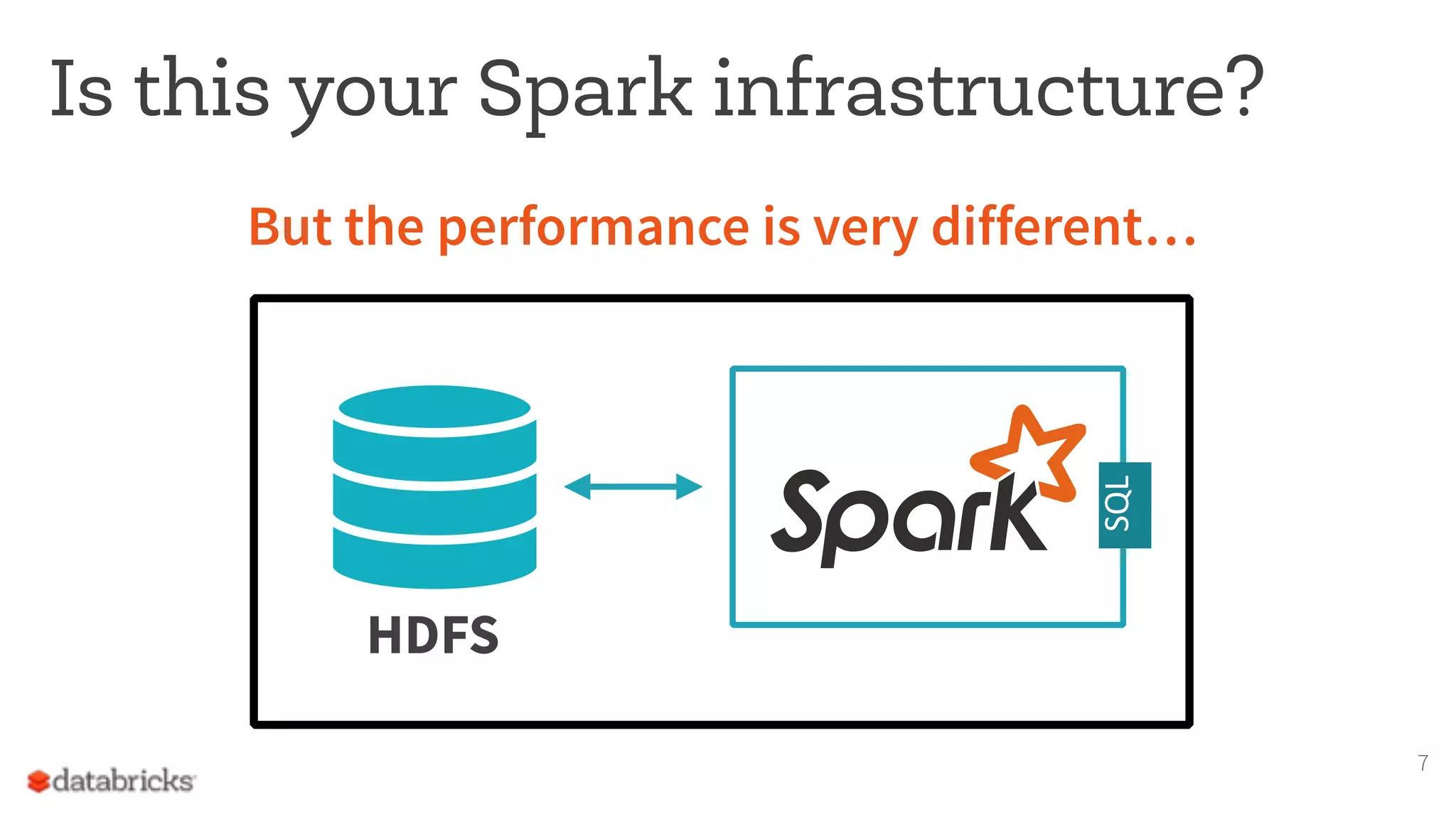 But the performance is very different… Is this your Spark infrastructure? 7 SQL HDFS 